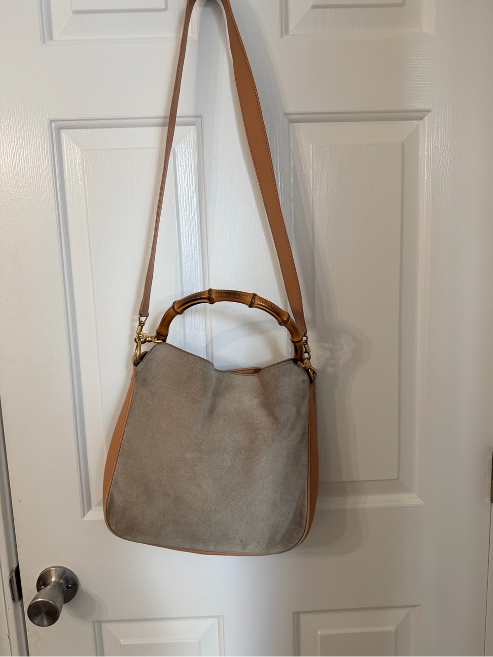 Gucci Suede and Tan Leather Shoulder Bag with Bamboo Handle